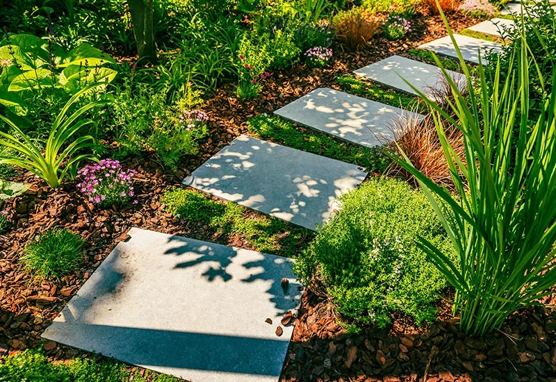 Modern garden with light grey wall and wooden path