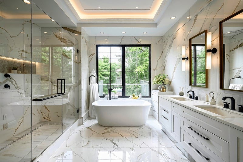 Opulent white marble bathroom with glass shower, freestanding tub, and double vanity
